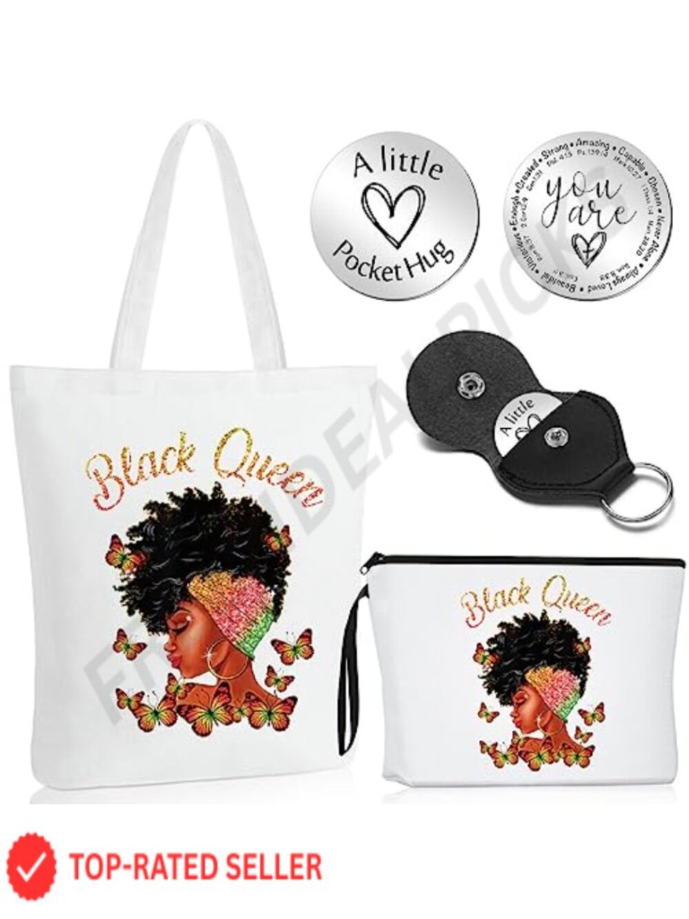 Canvas Tote Bag with Makeup Bag, Keychain and Token Set African American Gift